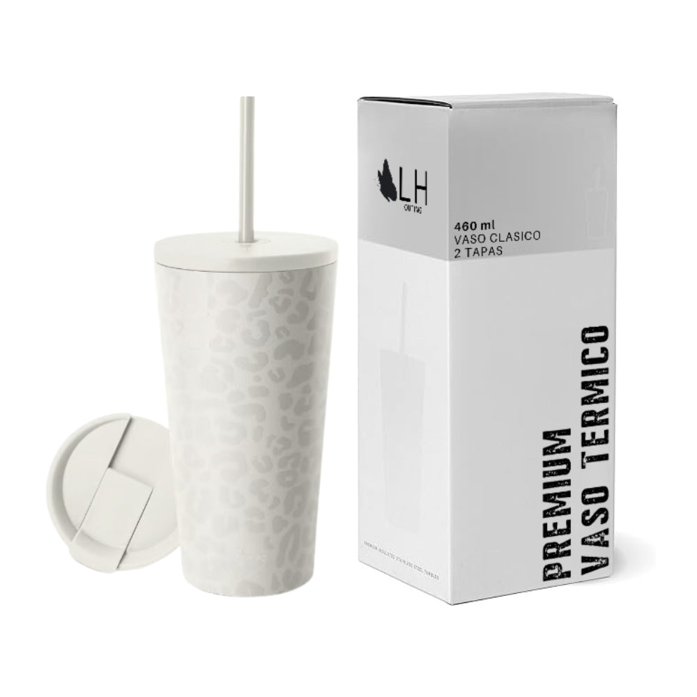 Vaso Térmico 460ml + 2 Tapas Blanco Leop